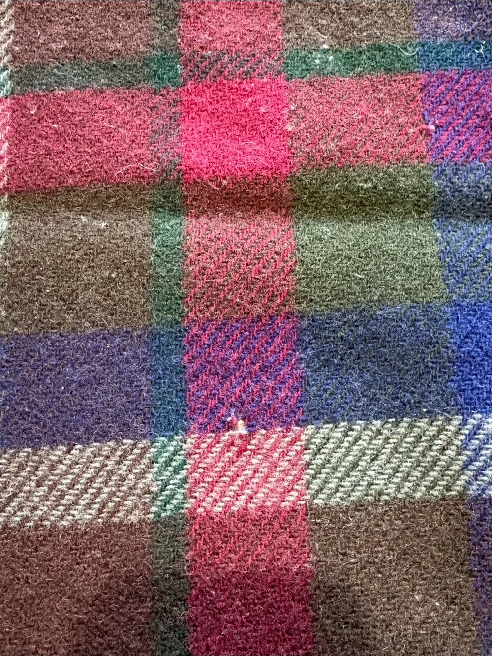 Vtg 100% Pure New Wool Plaid Blanket Red Navy Green Brown 46x48” Fringe Made UK